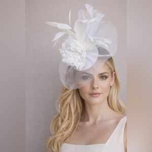 Elegant White Fascinator Feather Floral Bridal Kentucky Derby Oaks Hat Formal